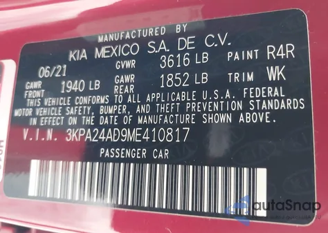 2021 Kia Rio S из США, поврежденный, VIN 3KPA24AD9ME410817